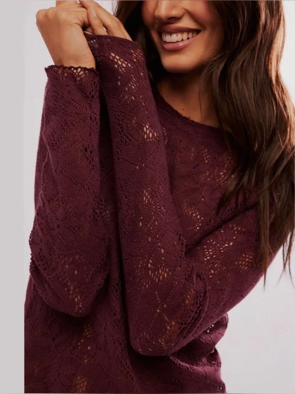 FREE PEOPLE IN THE MEADOW PURPLE LACE LONG SLEEVE TEE TSHIRT TOP LARGE BOHO